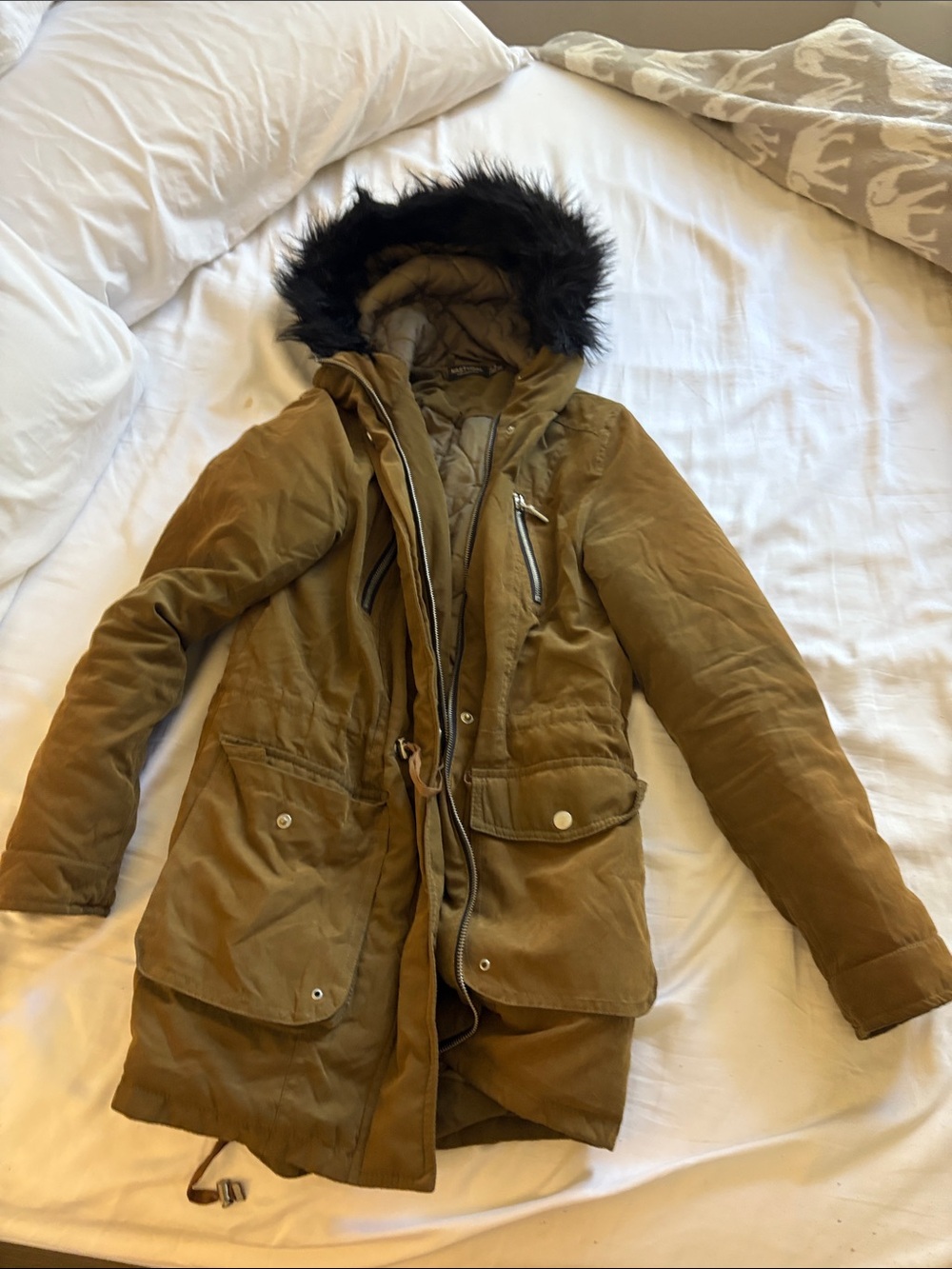 Nasty Gal Olive Brown Hooded Parka with Faux Fur Trim